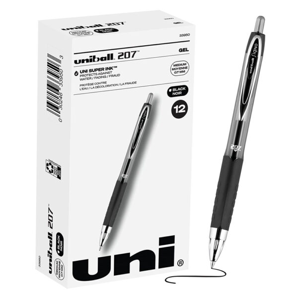 Uni-ball Signo 207 Gel Pen 12 Pack, 0.7mm Medium Black Pens
