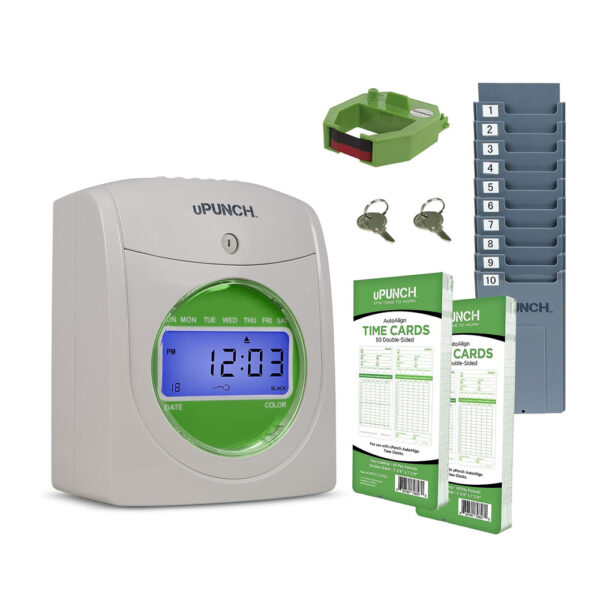 uPunch Time Clock Bundle with Cards, Time Card Rack, Ribbon- 2 Keys